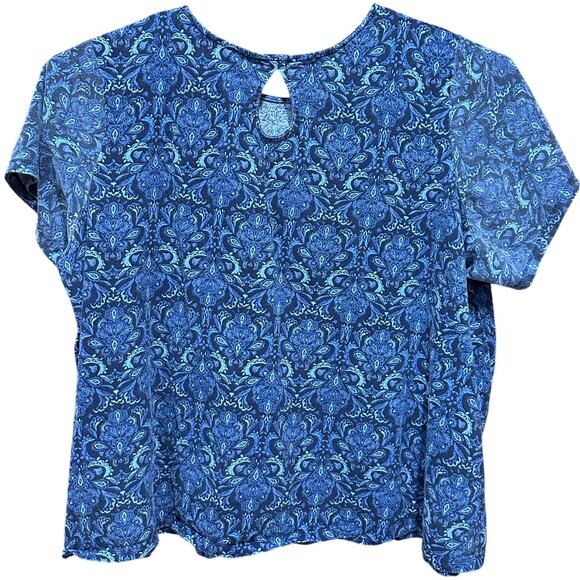 Roamans Womens Top Plus 2X 26 / 28 Blue Paisley Short Sleeve All Over Print FLAW - Picture 3 of 7